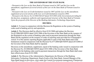 Decision No. 23/2007/QD-NHNN of June 05, 2007, on the issuance of the regulation on the system of banking codes used in banking activity and operations