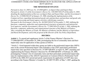 Decision No. 46/2007/QD-BTC of June 06, 2007 amending and supplementing the finance minister’s Decision No. 77/2006/QD-BTC of December 29, 2006, promulgating the list of commodity items and their import duty rates for the application of duty quotas
