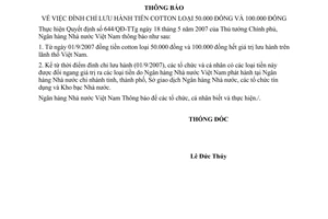 Thông báo 6099/NHNN-PHKQ đình chỉ lưu hành tiền cotton loại 50.000 100.000 đồng