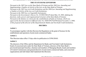 Decision No.24/2007/QD-NHNN of June 07, 2007 promulgating the regulation on the grant of licenses for the establishment and operation of joint-stock commercial banks