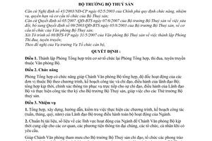 Quyết định 696/QĐ-BTS thành lập Phòng Tổng hợp thuộc Văn phòng Bộ Thuỷ sản