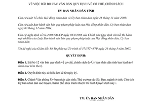 Quyết định 1010/QĐ-UBND 2007 bãi bỏ văn bản quy định cơ chế chính sách Lạng Sơn