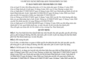 Quyết định 20/2007/QĐ-UBND danh mục mức thu phí chợ qua phà, qua đò trông giữ xe sử dụng lề đường bến bãi mặt nước vệ sinh xây dựng thành phố Cần Thơ