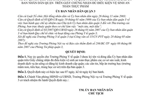 Quyết định 07/2007/QĐ-UBND ủy quyền trưởng phòng y tế quận 3 ký tên đóng dấu UBND quận giấy chứng nhận đủ điều kiện vệ sinh an toàn thực phẩm