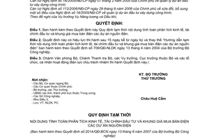 Quyết định 2014/QĐ-BCN Quy định tạm thời nội dung tính toán phân tích kinh tế, tài chính đầu tư  khung giá mua bán điện dự án nguồn điện