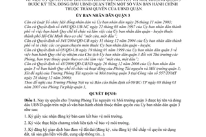Quyết định 09/2007/QĐ-UBND ủy quyền Trưởng Phòng Tài nguyên Môi trường quận 3 được ký tên, đóng dấu UBND quận văn bản hành chính