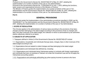 Circular No. 60/2007/TT-BTC of June 14, 2007 guiding the implementation of a number of articles of the law on tax administration and guiding the implementation of The Government’s Decree No. 85/2007/ND-CP of May 25, 2007, detailing the implementation of a number of articles of the law on tax administration