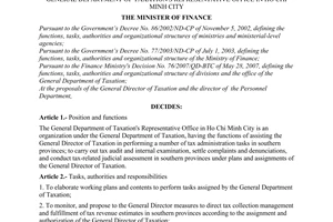 Decision No. 2093/QD-BTC of June 15, 2007 defining the functions, tasks and organizational structure of The General Department of Taxation's Representative office in Ho Chi Minh city