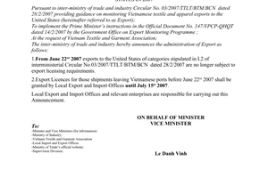 Announcement No. 0044/BTM-DM of on administration on textile and apparel exports to The United States in 2007