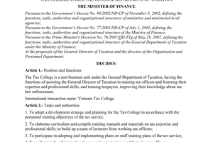 Decision No.2092/QD-BTC of June 15, 2007 defining the functions, tasks and organizational structure of the tax college under the general department of taxation