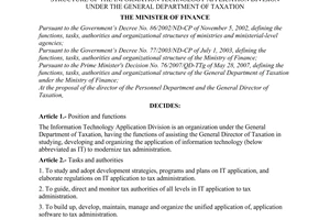 Decision No.2090/QD-BTC of June 15, 2007 defining the functions, tasks, authorities and organizational structure of the information technology application division under the general department of taxation