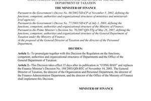 Decision No.48/2007/QD-BTC of June 15, 2007 defining the functions, competent, authorities and organizational structures of departments and the office of the general department of taxation