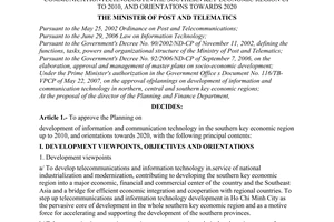 Decision No.14/2007/QD-BBCVT of June 15, 2007 approving the planning on development of information and communicationtechnologyinthe southern key economic region up to 2010, and orientations towards 2020