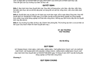 Quyết định 58/2007/QĐ-BNN Quy định trang phục phù hiệu cấp hiệu biển hiệu thẻ kiểm dịch thực vật chế độ cấp phát sử dụng kiểm dịch thực vật