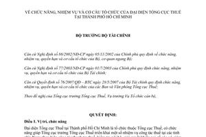 Quyết định 2093/QĐ-BTC chức năng nhiệm vụ cơ cấu tổ chức Đại diện Tổng cục Thuế Thành phố Hồ Chí Minh