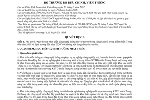 Quyết định 13/2007/QĐ-BBCVT Quy hoạch phát triển công nghệ thông tin truyền thông vùng kinh tế trọng điểm miền Trung đến năm 2010 định hướng 2020