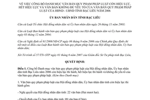 Quyết định 07/2007/QĐ-UBND văn bản quy phạm pháp luật còn hết hiệu lực Bạc Liêu 2006