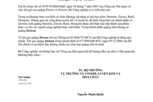 Công văn  3280/BCN-CLH tên gọi của quặng Zircon và Ziricon