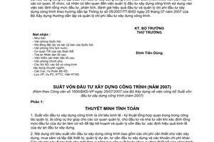 Công văn  1600/BXD-VP công bố Suất vốn đầu tư xây dựng công trình