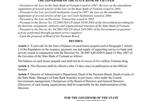 Decision No. 32/2007/QD-NHNN of July 3, 2007, on balance limit for bearer prepaid card