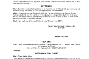 Nghị quyết 1139/2007/UBTVQH11 quy chế về kỹ thuật trình bày dự thảo văn bản quy phạm pháp luật của Quốc hội, Ủy ban thường vụ Quốc hội