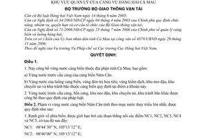 Quyết định 31/2007/QĐ-BGTVT công bố vùng nước cảng biển địa phận tỉnh Cà Mau khu vực quản lý Cảng vụ hàng hải Cà Mau