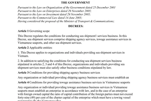 Decree of Government No. 115/2007/ND-CP of July 05, 2007 on conditions for sea shipment services business