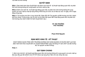 Quyết định 10/2007/QĐ-BTNMT định mức kinh tế kỹ thuật hoạt động quan trắc môi trường không khí xung quanh nước mặt lục địa