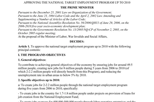 Decision No. 101/2007/QD-TTg of July 6, 2007, approving the national target employment program up to 2010.