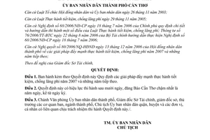 Quyết định 22/2007/QĐ-UBND giải pháp tiết kiệm chống lãng phí Cần Thơ