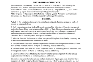 Dicision No. 06/2007/QD-BTS of July 11, 2007, adopting urgent measures to control residues of banned antibiotics and chemicals in Japan-bound seafood exports.