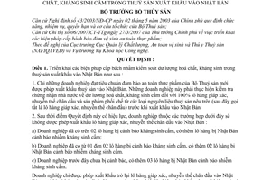 Quyết định 06/2007/QÐ-BTS áp dụng biện pháp cấp bách kiểm soát dư lượng hoá chất, kháng sinh cấm thuỷ sản xuất khẩu vào Nhật Bản