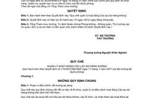 Quyết định 110/2007/QĐ-BQP Quy chế quản lý hoạt động Câu lạc bộ Hàng không