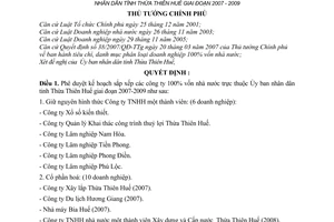 Quyết định 879/QĐ-TTg phê duyệt kế hoạch sắp xếp đổi mới công ty 100% vốn nhà nước thuộc Ủy ban nhân dân tỉnh Thừa Thiên Huế giai đoạn 2007-2009