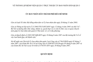 Quyết định số 92/2007/QĐ-UBND thành lập Bệnh viện quận 3 thuộc Ủy ban nhân dân quận 3
