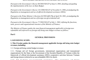 Circular No. 82/2007/TT-BTC of guiding the state financial management applicable to foreign non-refundable aid being state budget revenues.