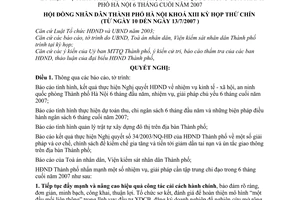 Nghị quyết 01/2007/NQ-HĐND nhiệm vụ phát triển kinh tế - xã hội, an ninh quốc phòng của thành phố Hà Nội 6 tháng cuối năm 2007