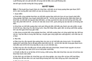 Quyết định 104/2007/QĐ-TTg phê duyệt quy hoạch thăm dò khai thác chế biến sử dụng quặng titan giai đoạn 2007-2015, định hướng đến 2025