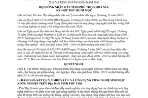 Nghị quyết 112/2007/NQ-HĐND ứng dụng công nghệ sinh học Phú Thọ 2006 2010 định hướng 2015