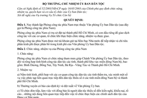 Quyết định 208/QĐ-UBDT thành lập phòng công tác phía nam thuộc văn phòng Ủy ban Dân tộc