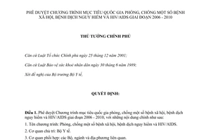 Quyết định 108/2007/QĐ-TTg Chương trình mục tiêu quốc gia phòng, chống bệnh xã hội, dịch nguy hiểm HIV/AIDS giai đoạn 2006 2010