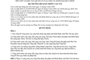 Quyết định 33/2007/QĐ-BGTVT công bố vùng nước cảng biển địa phận tỉnh Bình Định tỉnh Phú Yên khu vực quản lý Cảng vụ hàng hải Quy Nhơn