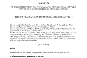 Nghị quyết 02/2007/NQ-HĐND tình hình thực hiện thu chi ngân sách 6 tháng đầu năm 2007 và dự toán bổ sung ngân sách trong 6 tháng cuối năm 2007