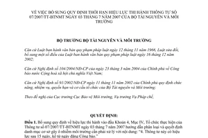 Quyết định 1081/QĐ-BTNMT bổ sung quy định thời hạn hiệu lực thông tư 07/2007/TT-BTNMT Luật ban hành văn bản quy phạm pháp luật