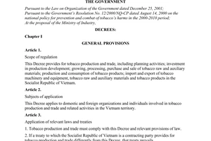 Decree of Government No. 119/2007/ND-CP of July 18, 2007 on tobacco production and trade