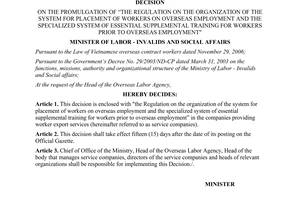 Decision 19/2007/QD-BLDTBXH essential supplemental training workers prior to overseas employment