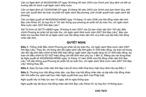 Nghị quyết 04/2007/NQ-HĐND phân bổ dự toán thu chi ngân sách 2007 Bạc Liêu