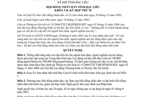 Nghị quyết 06/2007/NQ-HĐND trợ cấp tiền ăn người bán dâm nghiện ma túy Bạc Liêu