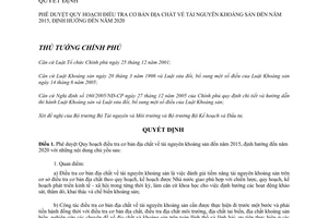 Quyết định 116/2007/QĐ-TTg phê duyệt Quy hoạch điều tra cơ bản địa chất tài nguyên khoáng sản đến năm 2015 định hướng đến 2020