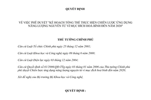 Quyết định 114/2007/QĐ-TTg Kế hoạch tổng thể thực hiện Chiến lược ứng dụng năng lượng nguyên tử vì mục đích hoà bình đến năm 2020